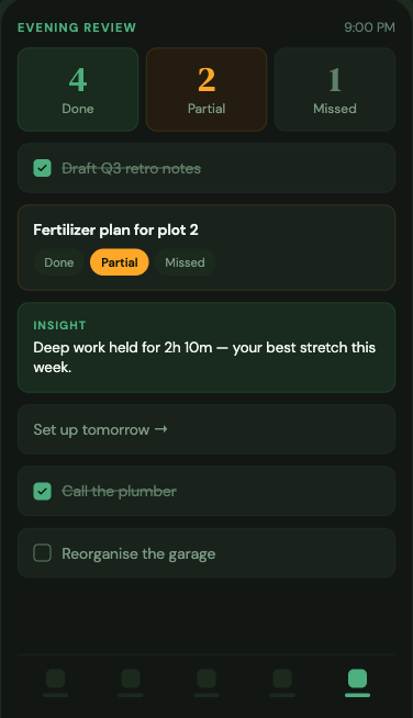 Plan Forward evening review screen
