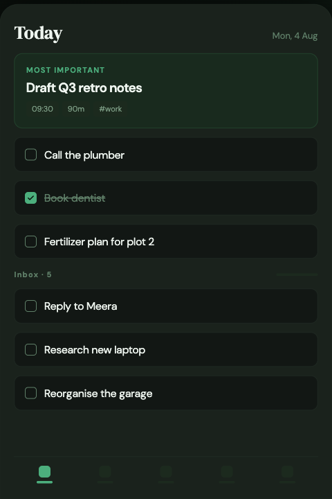 Plan Forward Today screen: most important task, today's list and the inbox count